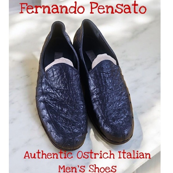 Fernando Pensato Leather Ostrich Vibram Sole Slip On Men's Shoes Italy USA 11